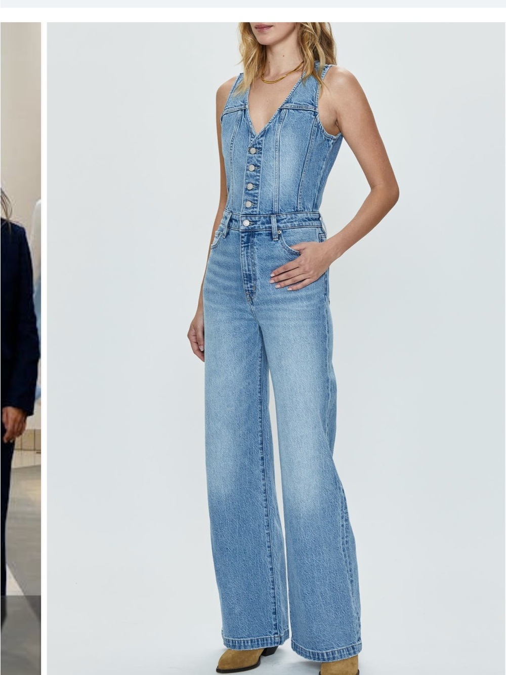 pistola Light Blue Denim Button-Front Wide-Leg Jumpsuit